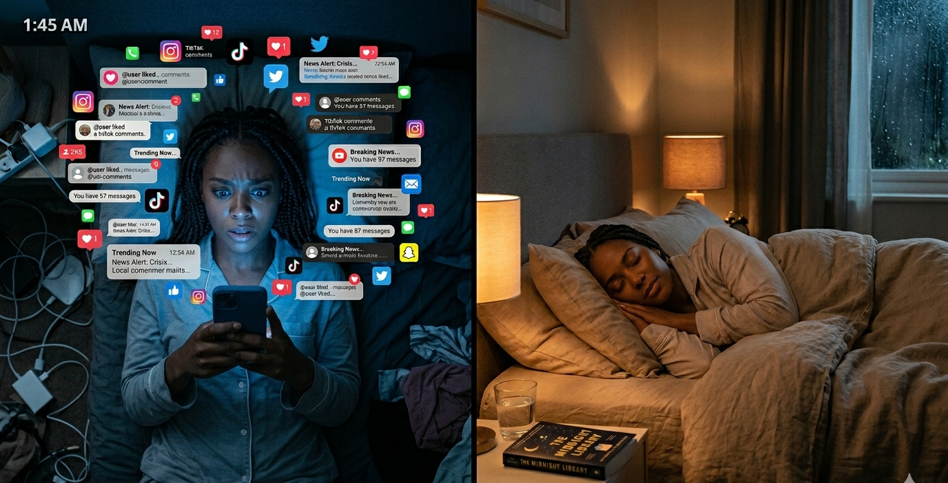 A cinematic split-screen capturing the stark contrast between nighttime overstimulation and peaceful sleep wellness, featuring the same Black woman in two different scenarios. On the left side, representing 'go mode' at 1:45 AM, the woman lies in bed in a dark room, her face illuminated by the harsh, cool blue light of her smartphone. She has a stressed, wide-eyed, and anxious expression as she endlessly scrolls. She is surrounded by a chaotic flurry of floating digital social media notifications, app icons, and breaking news alerts. To the far left, messy, tangled charging cords clutter the floor, adding to the overwhelming atmosphere. On the right side, representing 'rest mode,' the scene shifts to a warm, cozy bedroom sanctuary. The same woman is peacefully asleep on her side, tucked under a plush, neutral-toned duvet with a relaxed, calm facial expression. The room is bathed in soft, amber ambient light from a bedside lamp. In the foreground, a light wood nightstand holds a glass of water and a book titled 'The Midnight Library.' In the background, a window with soft sheer curtains reveals a gentle, soothing rain at night, completing the safe and restful mood.