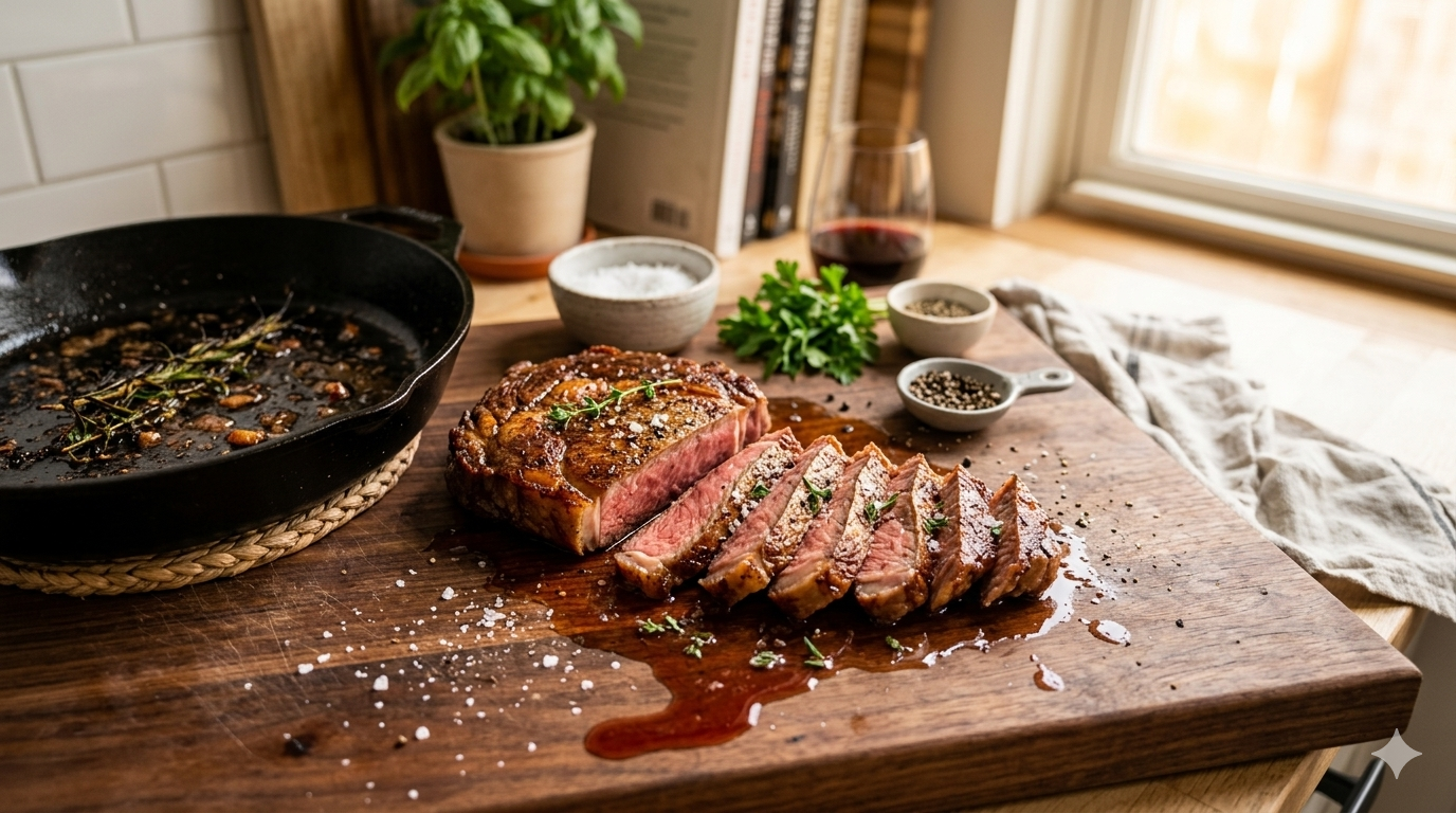 Juicy steak with juices flowing on a chopping board