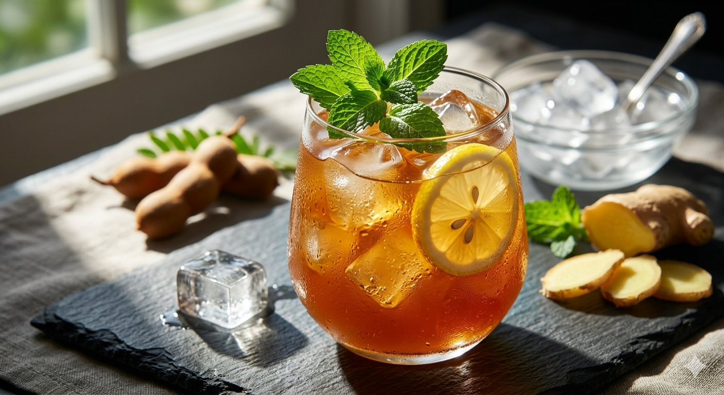 close-up shot of chilled tamarind juice served in a clear glass filled with ice cubes and lemon and mint garnishes