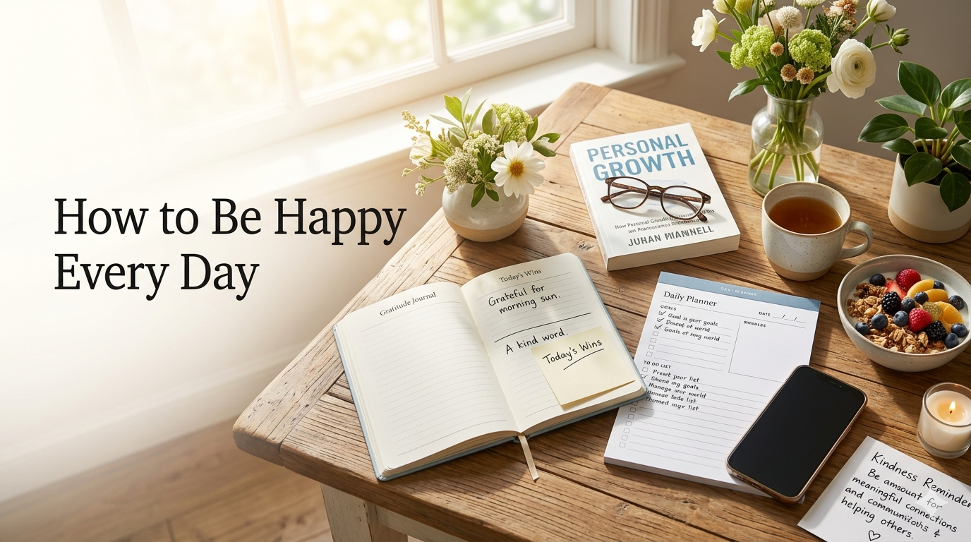 A bright, naturally lit lifestyle flat-lay on a rustic wooden table representing positive daily habits for personal growth and well-being. On the left, ample clean space displays the text "How to Be Happy Every Day." The right side features an open gratitude journal with handwritten notes, a "Personal Growth" book with reading glasses, a "Daily Planner" checklist next to a face-down smartphone, a healthy berry granola bowl, a warm cup of tea, a glowing candle, fresh white flowers in glass vases, and a handwritten "Kindness Reminder" note.