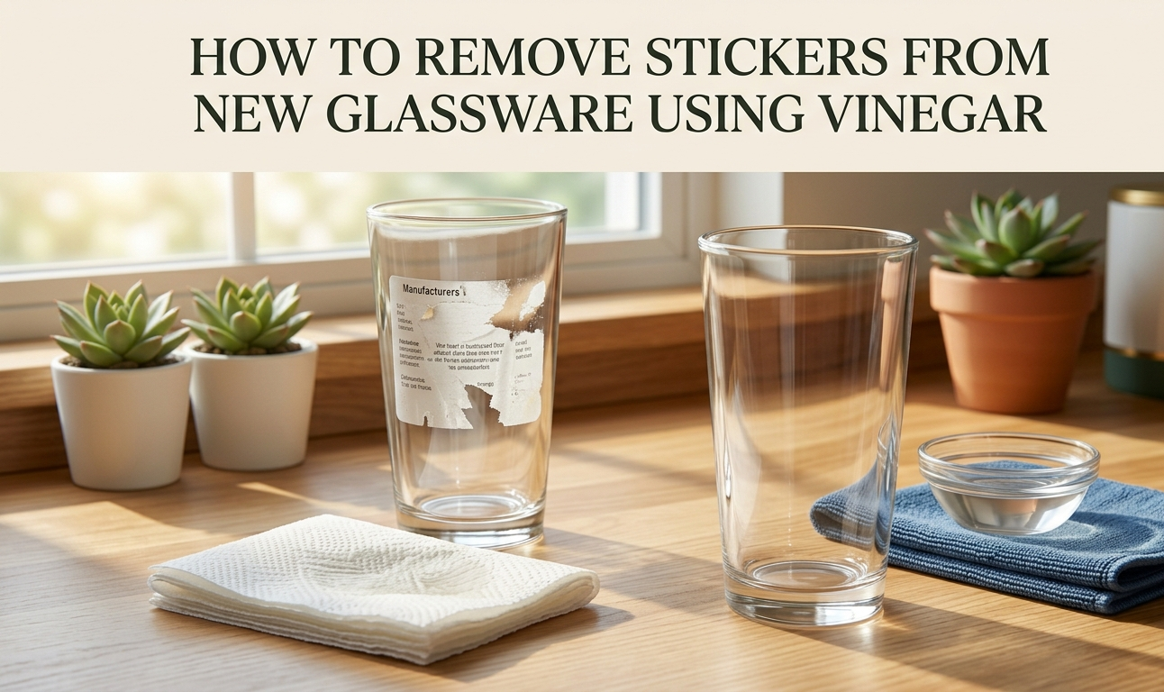 An elegant, premium 16:9 horizontal blog hero image set in a bright, modern kitchen with a warm cream-colored header area at the top featuring the article title: "HOW TO REMOVE STICKERS FROM NEW GLASSWARE USING VINEGAR" in a sophisticated, dark forest green serif font. Below the text area, the scene unfolds on a light oak wooden countertop illuminated by soft, golden morning sunlight streaming through a large window in the background. In the foreground, a beautifully clear, sparkling clean drinking glass catches the sunlight, representing the successful "after" result. Positioned slightly behind it is an identical glass with a torn, partially peeled white manufacturer sticker stubbornly attached, clearly highlighting the problem. Neatly arranged around the glassware are the simple cleaning supplies: a crisply folded white paper towel resting on the left, and a small, clear glass bowl filled with clear white vinegar resting on a neatly folded slate-blue microfiber cloth to the right. Small potted succulent plants sit softly out of focus on the windowsill in the background, adding a touch of natural green to the calm, organized, and professional DIY layout.
