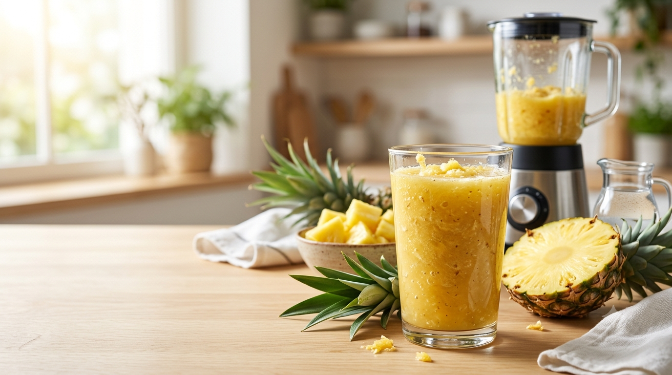 A glass of thick, pulpy pineapple juice on a light wood kitchen counter, surrounded by fresh pineapple chunks, a halved pineapple, and a blender in a sunlit kitchen with negative space on the left.