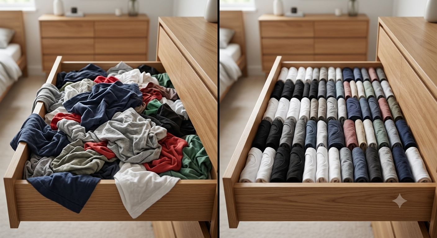 A split-scene, "before and after" transformation of a wooden dresser drawer filled with t-shirts inside a minimalist, modern bedroom with soft lighting. On the left side, the drawer is open to reveal a messy, chaotic jumble of wrinkled, unorganized t-shirts in various colors like navy, gray, green, and red, overflowing and stacked haphazardly. On the right side, the same drawer is perfectly organized, showcasing neatly folded t-shirts filed vertically in tidy, precise rows by color, ranging from white, black, and gray to navy and muted tones, leaving the space looking immaculate and highly organized.