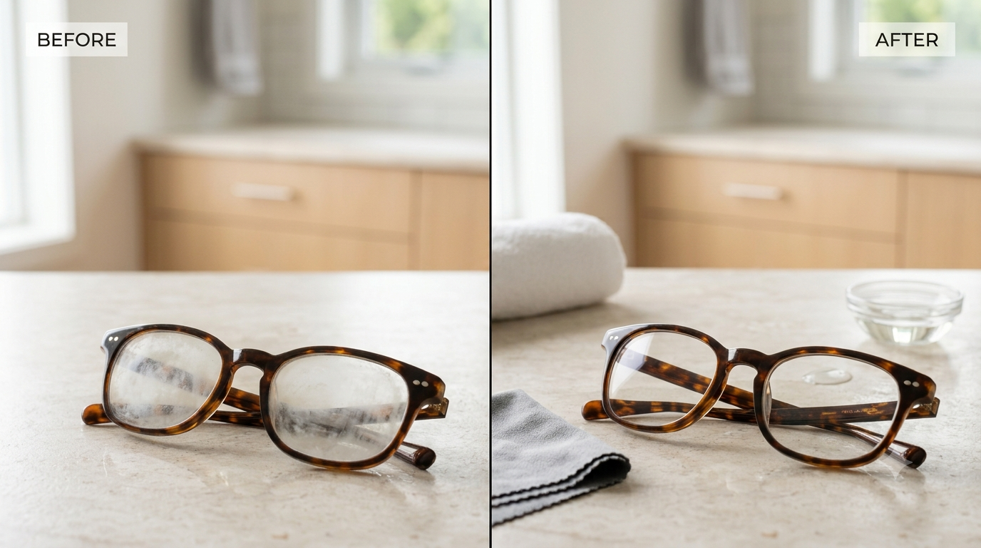 A split-screen comparison showing eyeglasses before and after cleaning on a marble counter. On the left side, labeled "BEFORE," a pair of tortoiseshell eyeglasses has noticeably cloudy, smudged lenses. On the right side, labeled "AFTER," the same eyeglasses are shown with perfectly clean, clear lenses, placed alongside a gray microfiber cloth, a rolled towel, and a small glass dish of liquid soap in a softly lit bathroom setting.