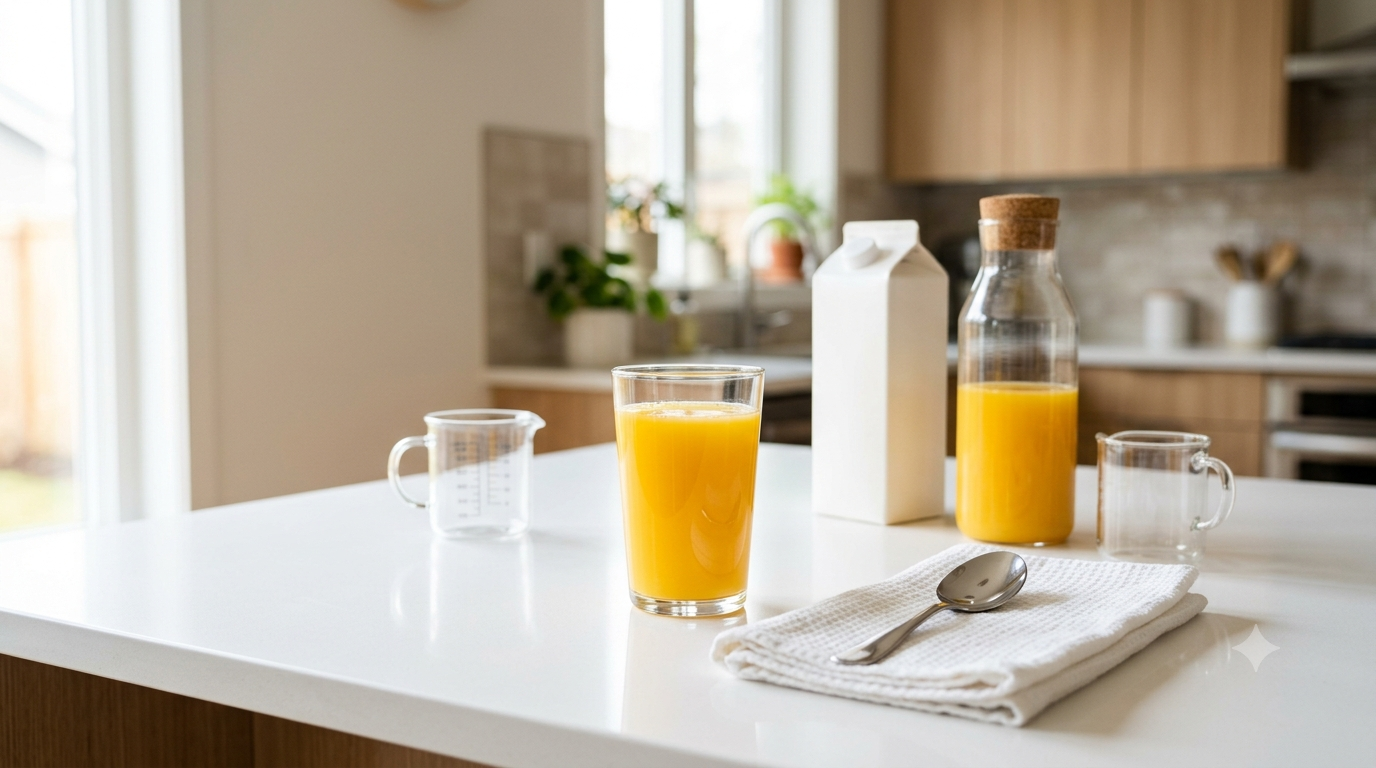 A minimalist lifestyle photo of a bright, white quartz kitchen countertop in soft morning sunlight. At the center is a glass of orange juice filled nearly to the rim without spills, next to a stainless-steel spoon resting on a white kitchen towel. In the background are a unbranded white milk carton, a glass juice bottle, and a measuring jug. The upper-left corner features open space, and the image has a shallow depth of field.