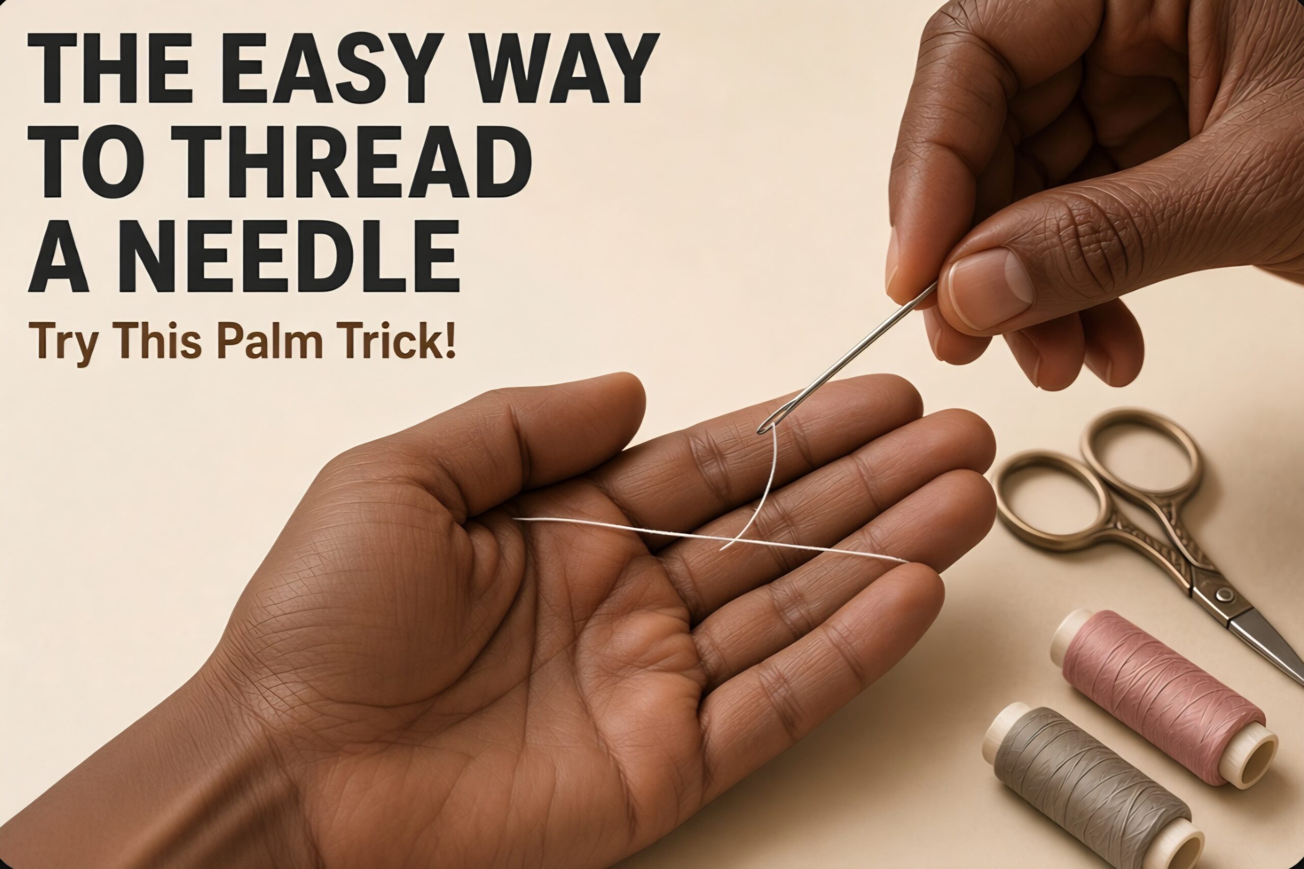 Thread oon plam of hand with a pair of scissors and 2 sets of thread in the background